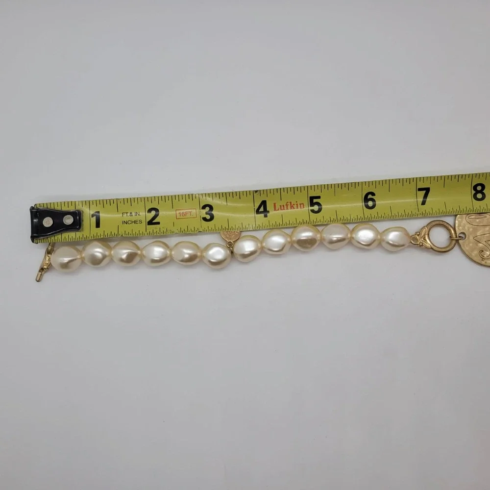 Initial H Pearl Toggle Stretch Bracelet Gold Tone Hammered Coin Medallion